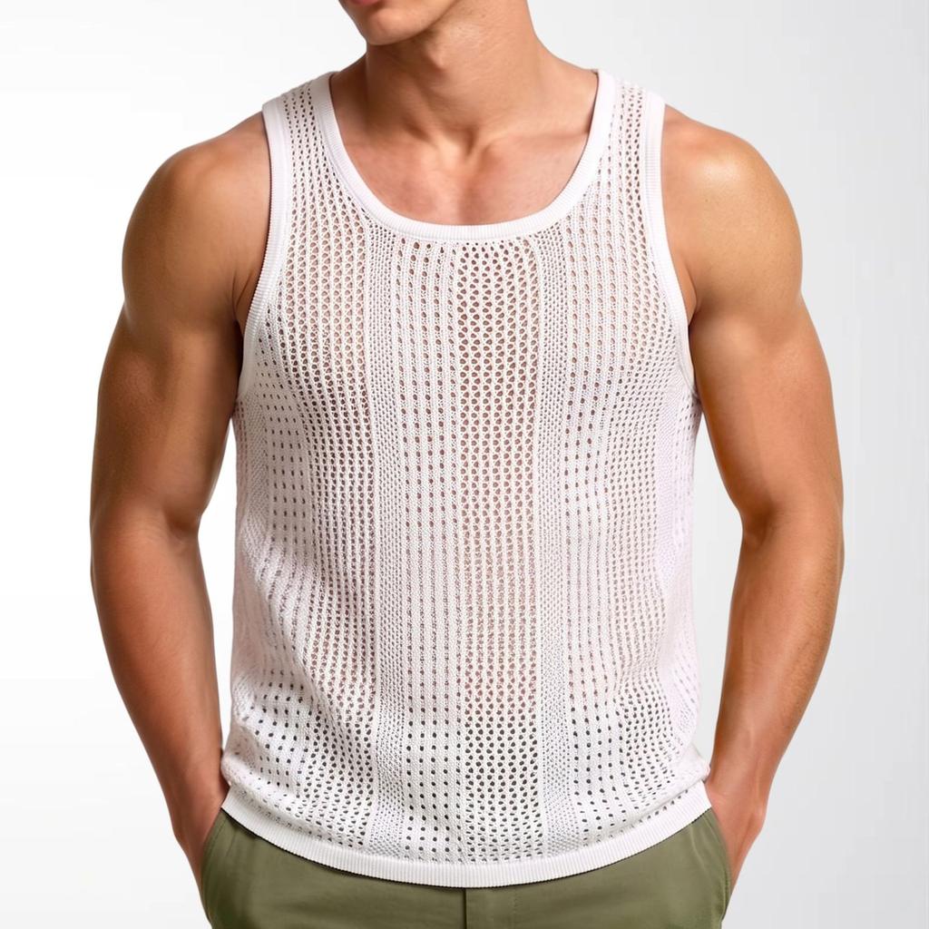 Men's Sleeveless Tank Tops Knitted Hollow Out Crochet T-Shirts Muscle Summer Vacation Beach Shirts Casual Athletic Muscle Pullover Vest Top for Male