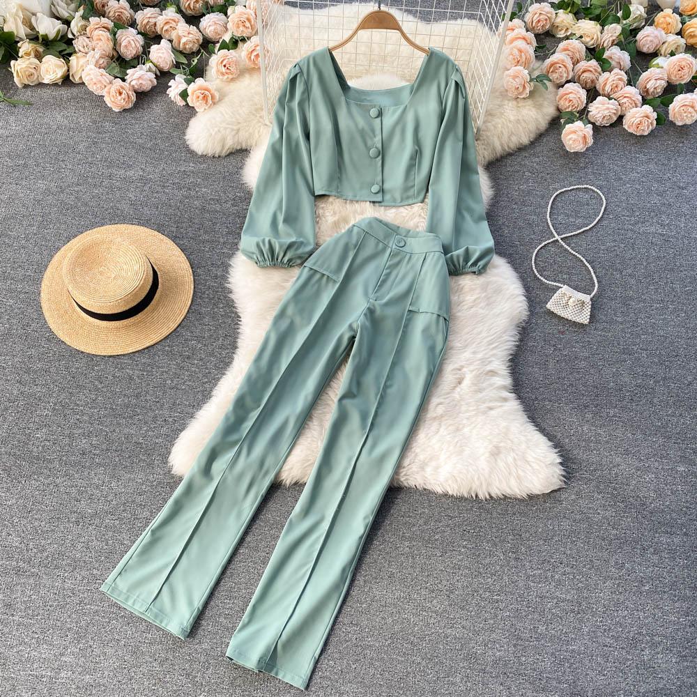 

RUGOD весенний модный комплект из двух предметов, женские короткие топы с квадратным воротником и длинными рукавами + широкие брюки с высокой талией, офисные женские костюмы