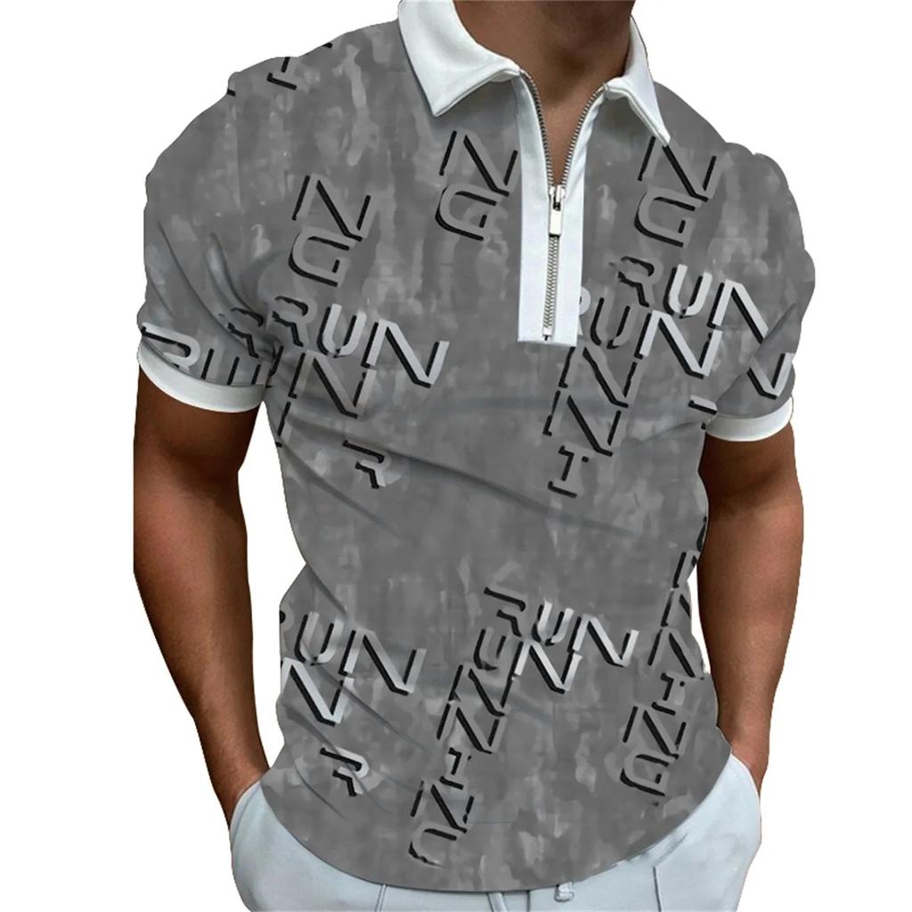 Men's Short Sleeve Casual Summer Zipper Lapel Polo Men's Personalized Printed T-shirt