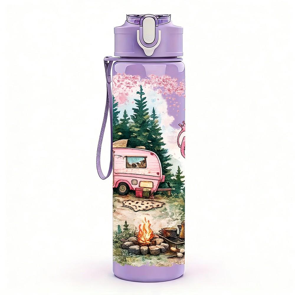 1PC Retro Camper Van Forest Travel 750ml Color Plastic Sports Water Bottle Leakproof Flip Straw Lid Suitable for Sports Office Home Use