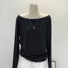 Women's Off-Shoulder Black Cotton Long-Sleeve T-Shirt, 2025 Spring/Autumn/Winter Collection