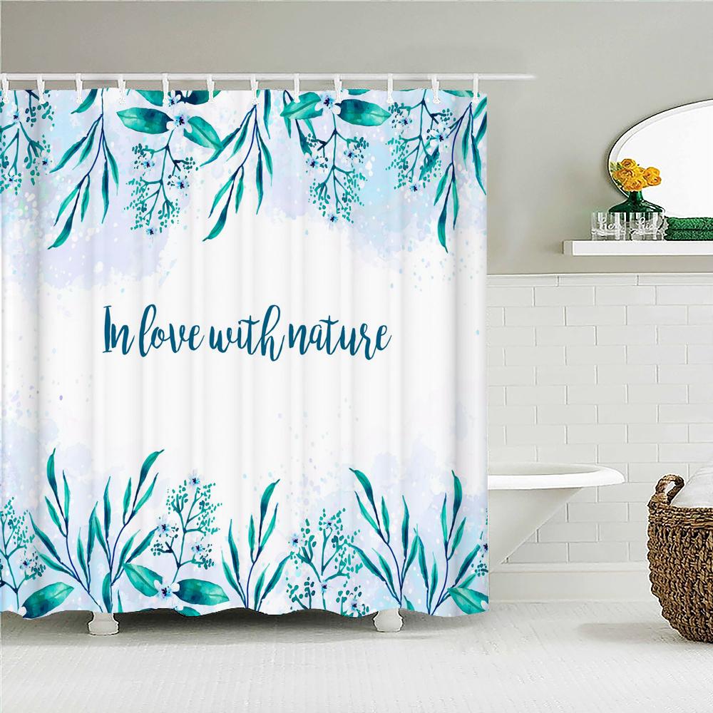 High Quality Blue Fresh leaf Printed Fabric Shower Curtain Plant Leaves Bath Screen Waterproof Bathroom Decor with Hooks