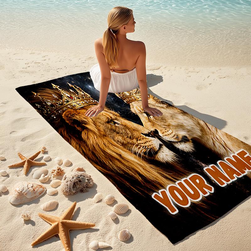 1PC Custom Name Royal Lion Couple Beach Towel Highly Absorbent And Sand-Resistant Towel for Swimming, Pool, Yoga, And Travel Lightweight