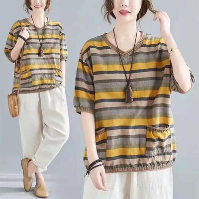 Cotton and Linen Women's Striped Short-sleeved T-shirt Women's V-neck Loose Middle-aged Mother Summer Dress Large Size Cover Belly Cotton Blouse Women