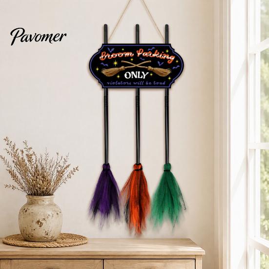 Weatherproof Indoor Holiday Signs Halloween Broom Parking Sign with 3 Witch Brooms, Hocus Pocus Themed Wooden Sign, Rustic Wall Decor Funny