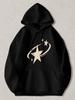 Black Pullover Hoodie with Beige Star And Orbit Graphic Print Casual Long Sleeve Sweatshirt with Kangaroo Pocket for Daily Wear St