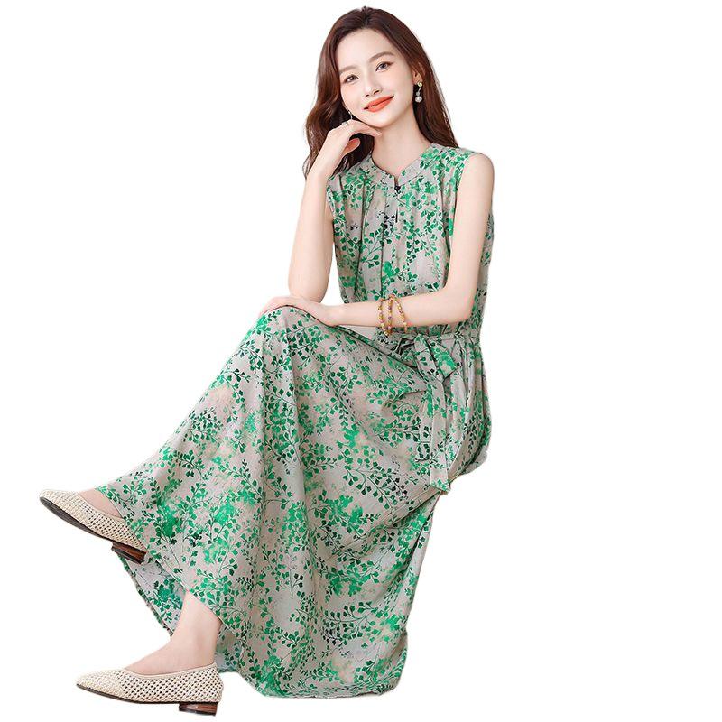 Elegant Floral Plus Size Cotton Silk Summer Dress for Middle-Aged Women
