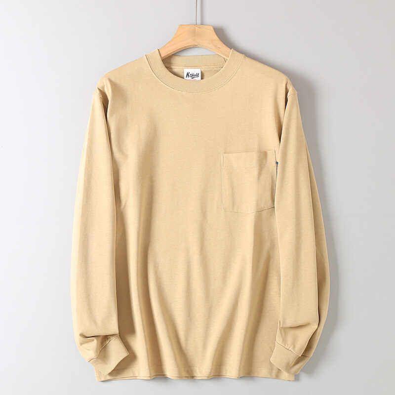 310g Heavyweight Vintage Pure Cotton Simple Pocket Design Solid Color Long-Sleeve T-Shirt for Men Casual Loose Round Neck Base Shirt