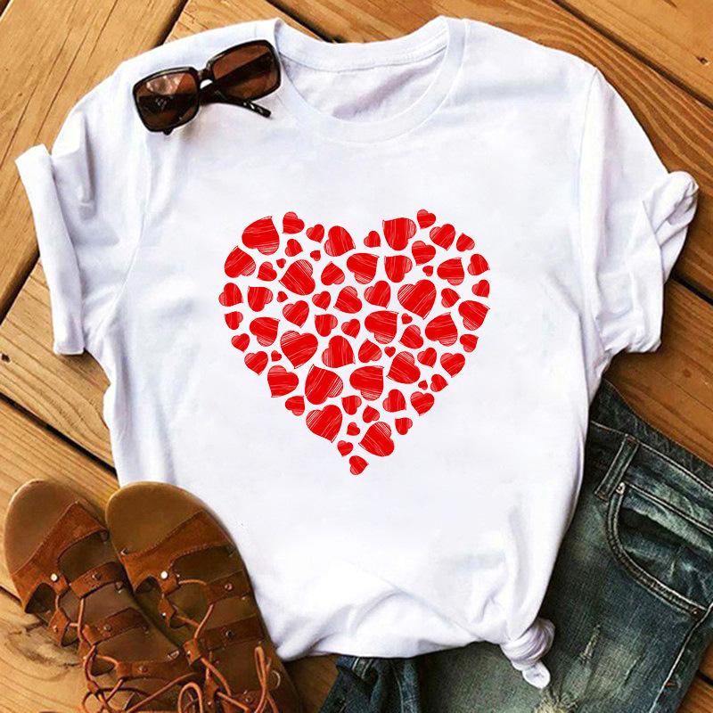 Fashion Kawaii Rose Flower Heart Graphic Women's T-Shirt Summer Loose Blouse 90S Short Sleeve O-Neck Tees Ladies White Y2K Tops