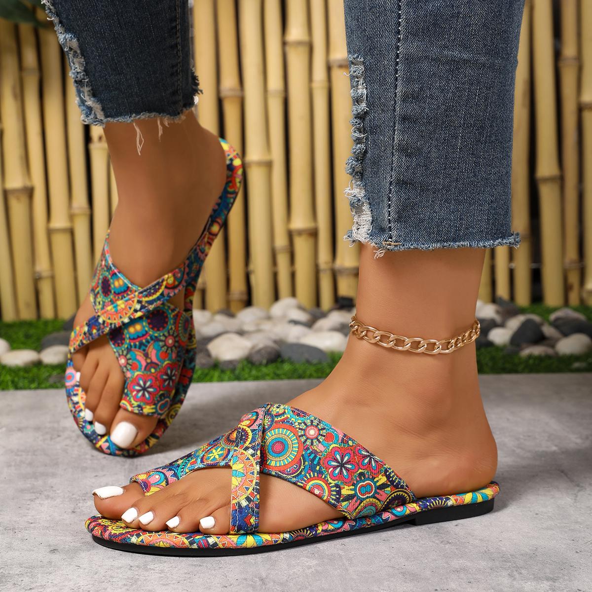 

Women Slippers Bohemian Flower Pattern Sandals Casual Lightweight Shoes Flip Flops Big Size Slippers Home Slides Women 36