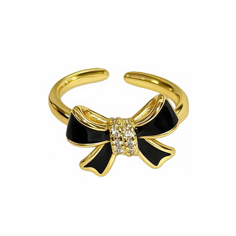 Sweet And Cool Girl Style Gold Bow Enamel Diamond Zir*****Pen Ring Niche High-End Feeling Stacked Ring Woman
