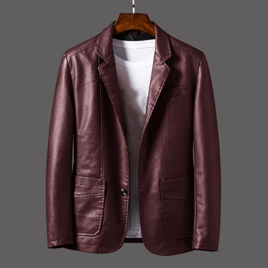 Suit Coat Faux Leather Turn-down Collar Cardigan Solid Color Men Formal Jacket for Meeting