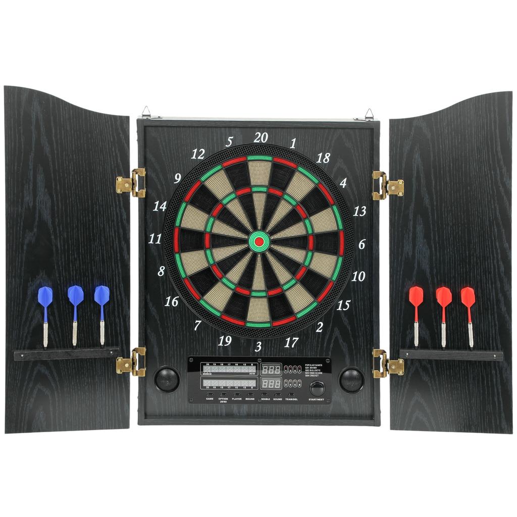 Electronic Dartboard E-Dartboard with Doors, Wood Look, LED Display, Voice Announcements, 6 Darts, 24 Replacement Tips