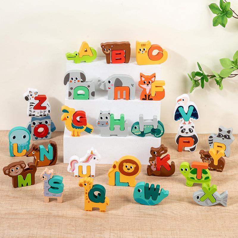 Kids' Educational Building Blocks: Alphabet, Numbers, Animals & Dinosaurs - Safe, High-Quality Wood, No Odor.