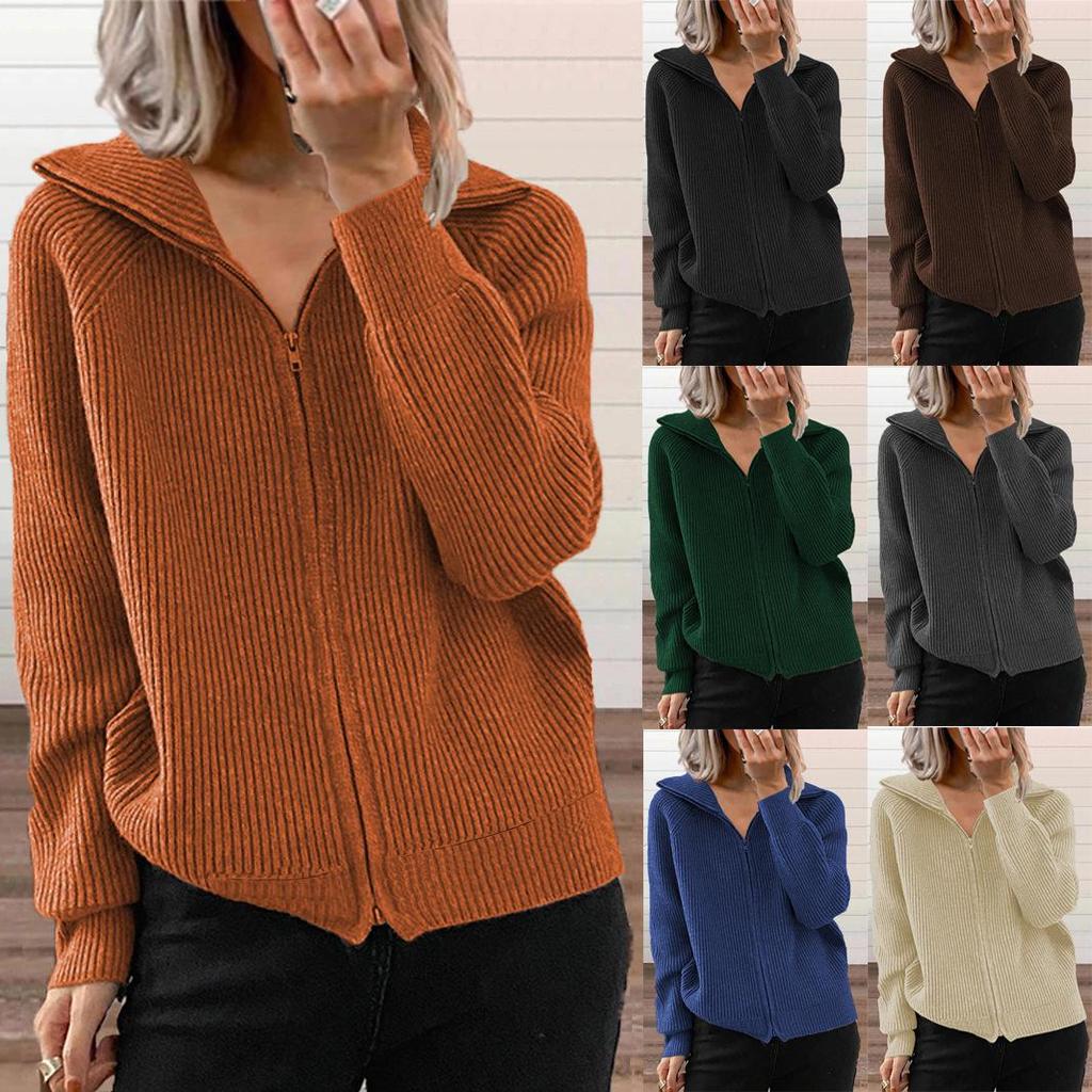 Women's Striped Knit Zip Cardigan: Autumn-Winter Loose Fit, Long Sleeve, Turn-Down Collar