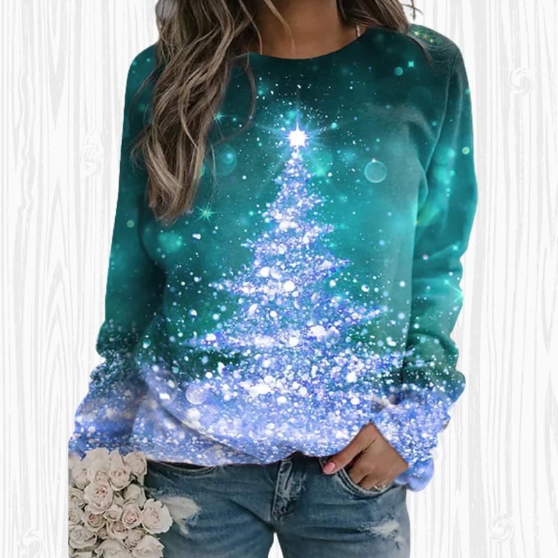 Women Autumn Tops Loose Cat Beautiful Christmas Tree Print Causal Long Sleeve T-shirt Top Blouse