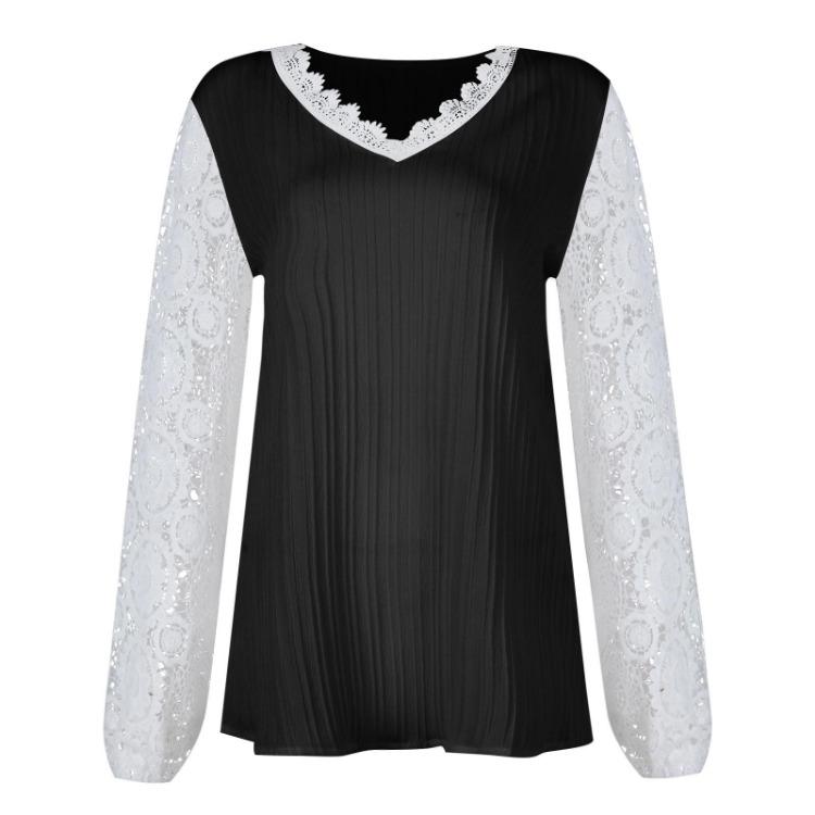 Loose Long Sleeve V Neck Lace Patchwork T Shirt Top Women Casual Tee