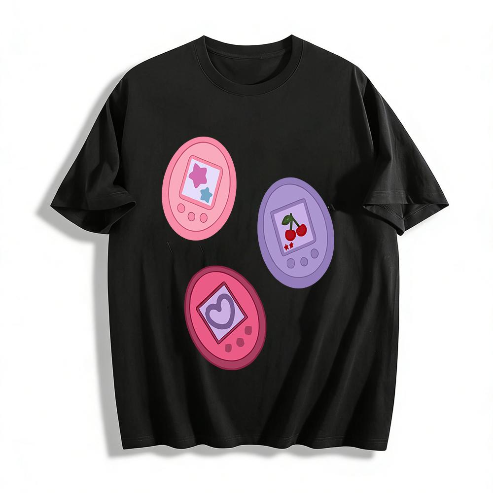 

Retro Tamagotchi Print T-Shirt Sweet Girlish Style Fun Top Casual Loose Short Sleeve Pure cotton T-shirt XXS