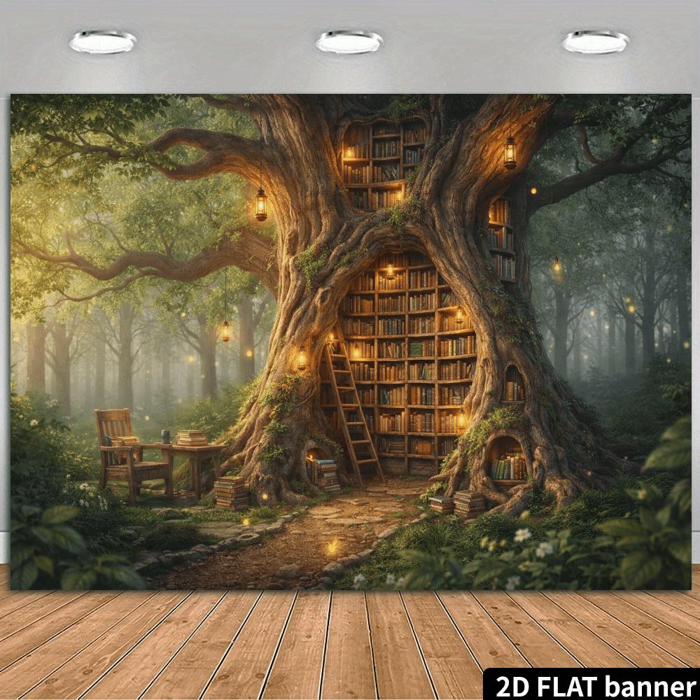 2D flat banner background fabric for the forest magic treehouse library in the center of the picture 100x150cm