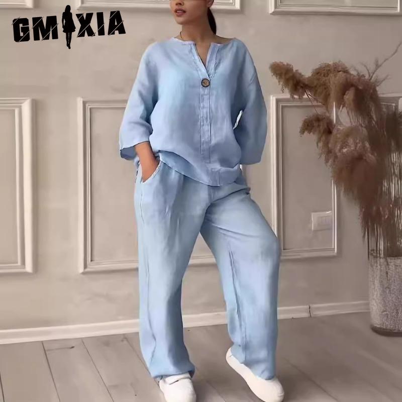 

GMXIA Fashion Женский Удобный Свободный Топ Брюки с Широкими Штанинами Повседневный Костюм из Хлопка и Льна XXXXXL светло-синий