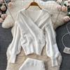 Autumn And Winter Retro Cross Sex V-Neck Bubble Sleeve Loose Sweater + High Waist Hip Knitted Half-Body Skirt Two-Piece Set