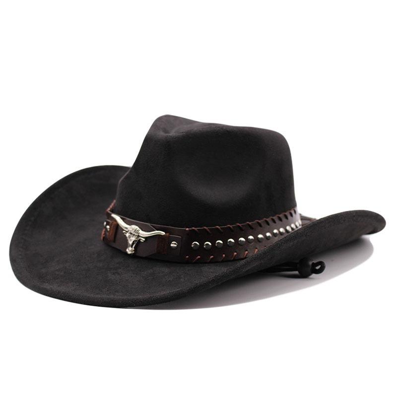 Western Cowboy Hat with Bullhead Rivets, Curved Brim, Windproof Rope, and Felt for Outdoor Riding and Jazz Hats