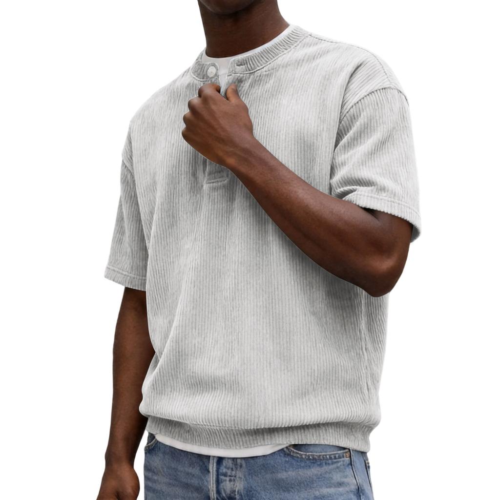 Men Henley Neck Short Sleeve Corduroy Shirt with Button Placket Relaxed Fit Casual Summer Top for Everyday Wear