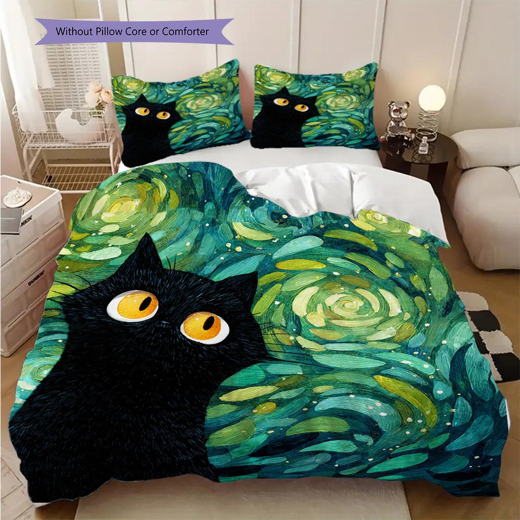 Set Copripiumino Trapuntato con Motivo Gatto Nero Federa Decorazione per la Casa Regalo di Compleanno (1 * copripiumino + 2 * federa, senza nucleo)