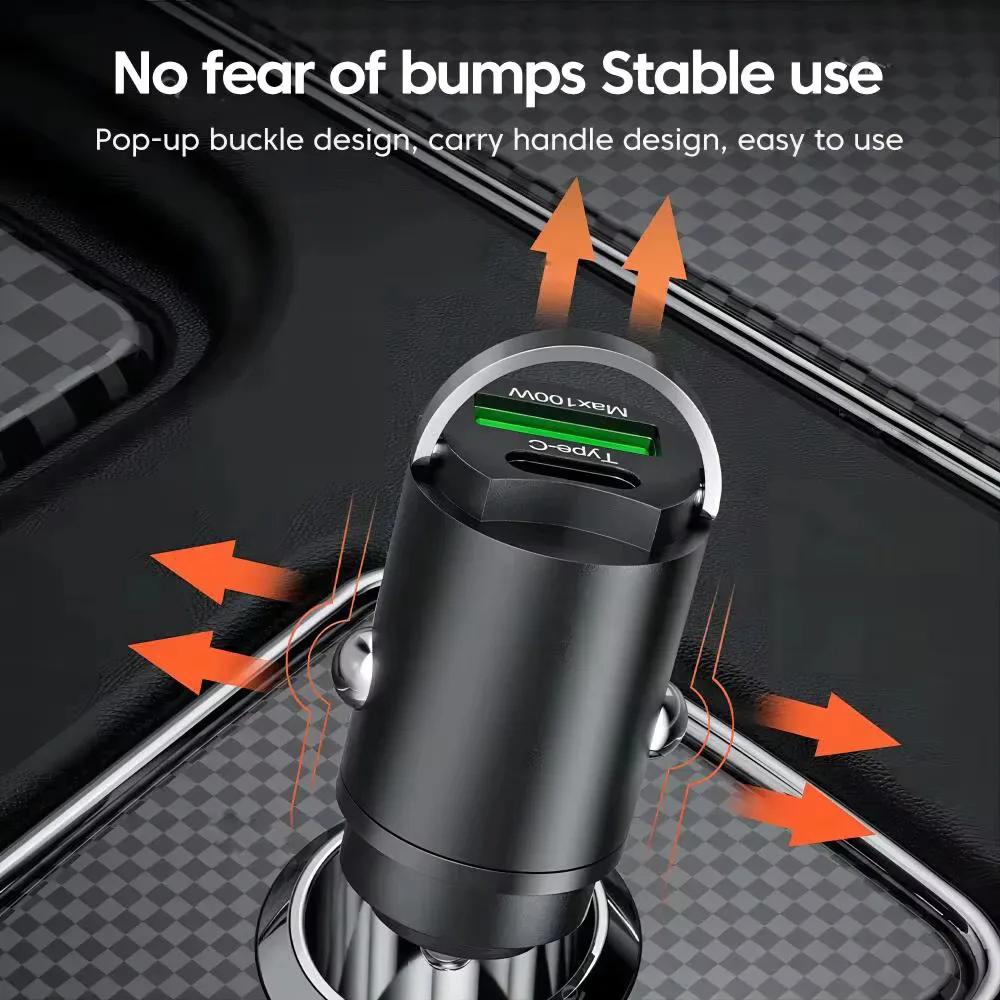 ISGTDRM 100W Mini Car Charger Fast Charging for iPhone QC3.0 PD USB Type C Car Mobile Phone Charger for Xiaomi Samsung Huawei
