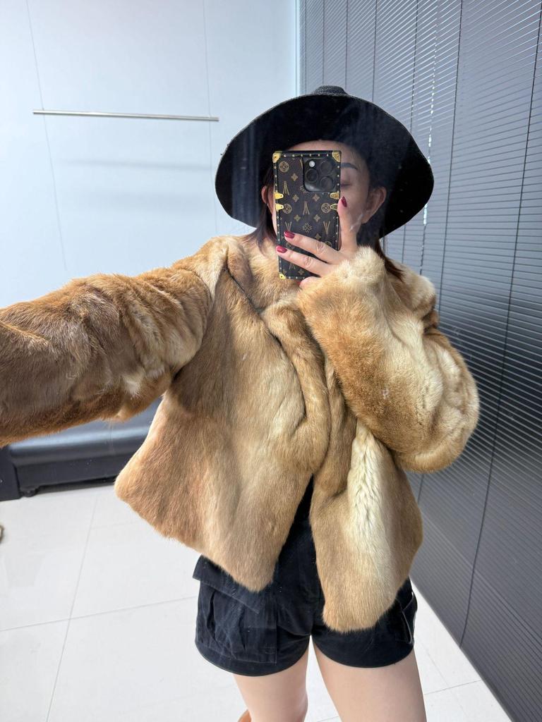 Women's Fashionable Two-Tone Real Rabbit Fur Collar Coat - 2025 Casual Short Style