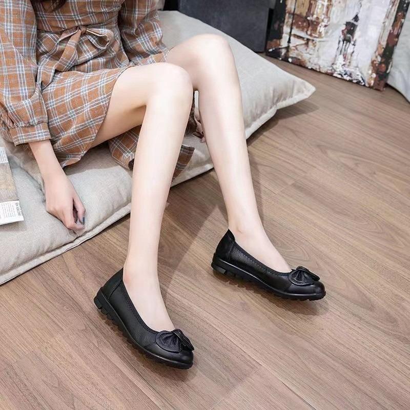 Bow soft sole single shoes female real soft leather shoes spring and summer comfortable leather shoes flat non-slip Doudou shoes
