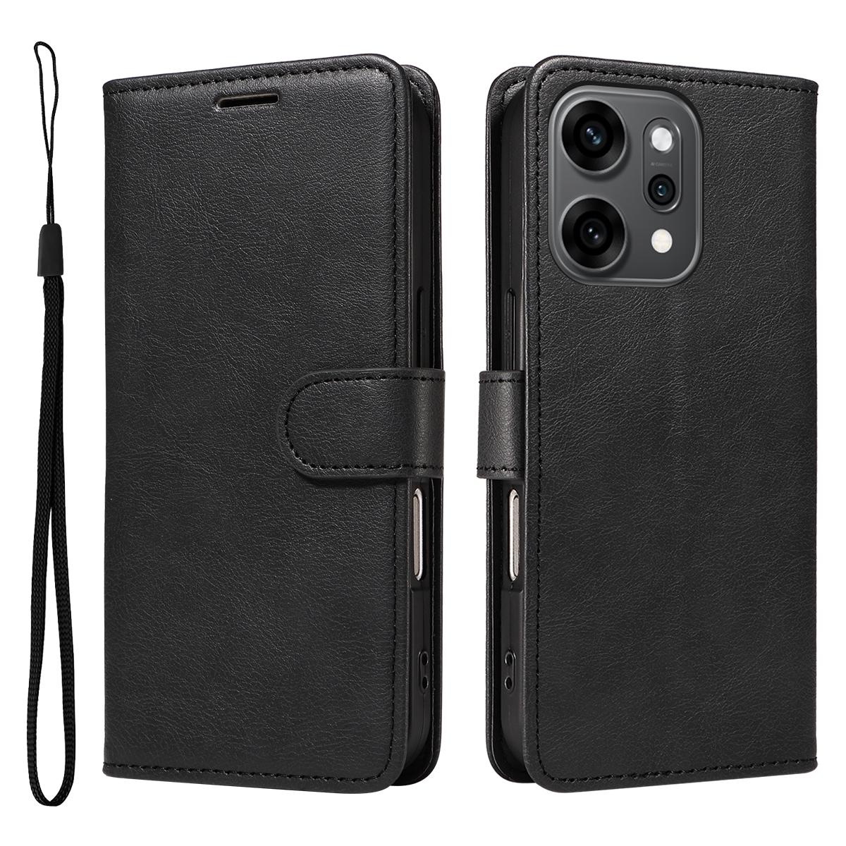 

For Oppo Reno14 Pro 5G (China)/Oppo Reno14 Pro 5G (Global) Leather Wallet Case with Strap Solid Color Phone Stand Cover Black