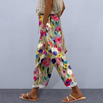 Women Casual Pants Elastic Waist Drawstring Harem Pants Digital Floral Print Beach Office Shopping Daily Long Trousers