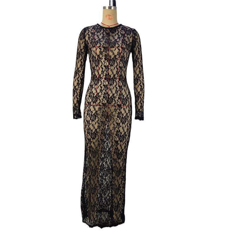 2024 Autumn/Winter Women's Solid Lace See-Through Long-Sleeve Mid-Length Vacation Dress