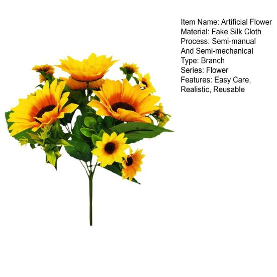 Artificial Sunflower with Green Leaves 7 Fork 13 Head Realistic Fake Silk Flower Home Office Party Indoor Outdoor Faux Bloom Decoration