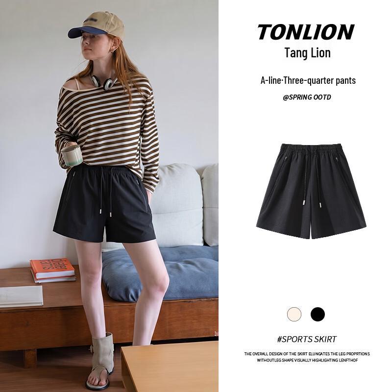 TonLion Women s 2026 Summer A-Line Drawstring Sport Shorts L чёрный