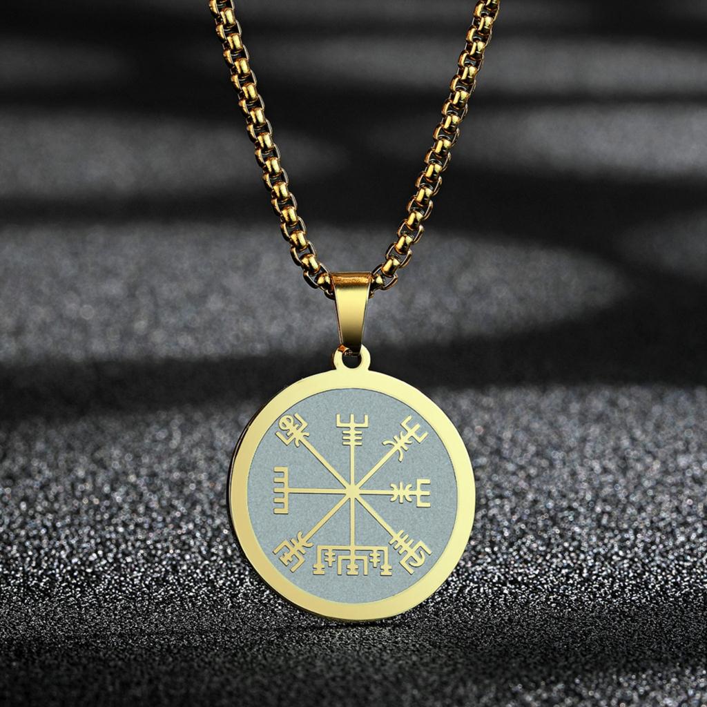 Kinitial Viking Compass Vegvisir Pendant Necklace for Men Boys Stainless Steel the Witcher Medallion Charm Chain Hip Hop Jewelry