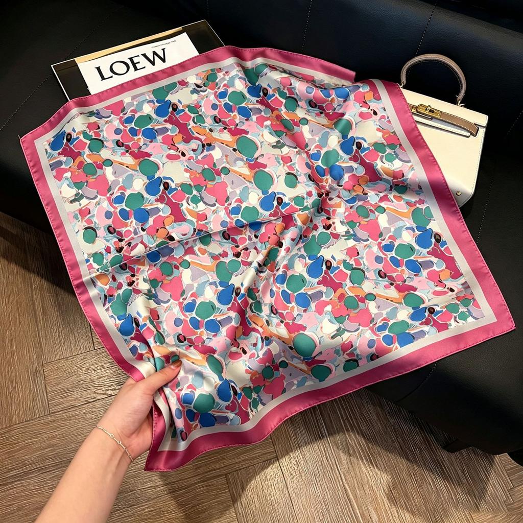 71Cm New Chinese Simulation Silk Square Scarf Soft and Skin-friendly Ink Flower Rhyme Printing Silk Scarf Neck Sunscreen Small Scarf