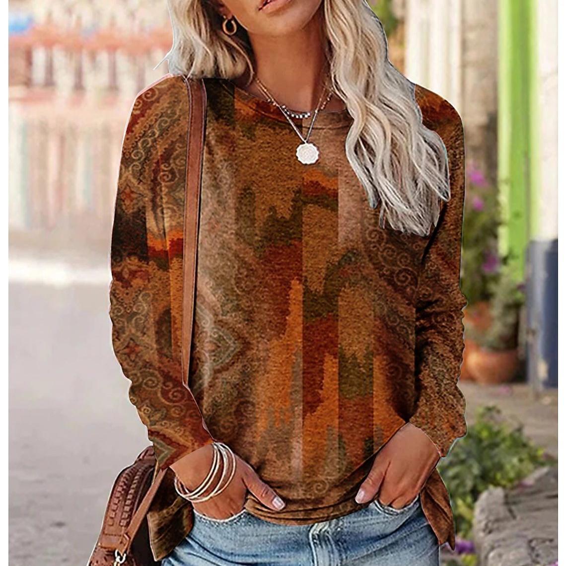 

Женские футболки с круглым вырезом, 3D этническим принтом, повседневные, с длинным рукавом - Мягкая полиэстеровая ткань средней эластичности, одежда свободного кроя для весны и осени 5XL