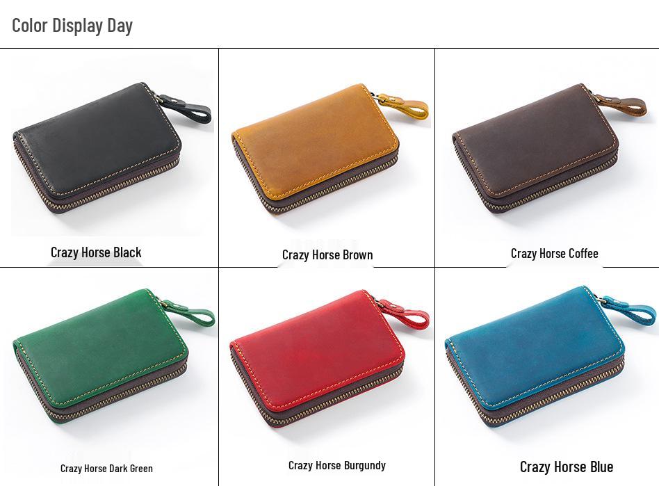 Crazy Horse Leather Car Key Holder with Zipper and Hook - Portable, Anti-Lost, Top Layer Cowhide.