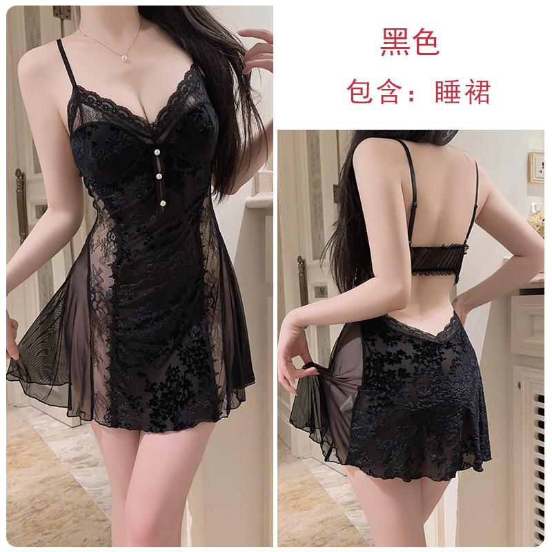 Hot backless women's pajamas deep V plus chest pad sweet mesh sexy velvet pajamas robe set C