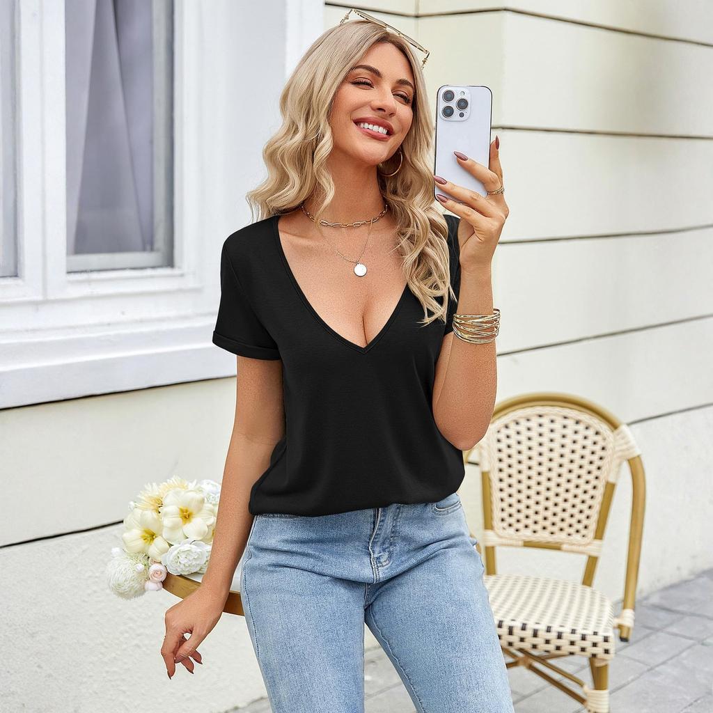 Stylish And Sexy Women's Color Deep V,neck Short,sleeved T,shirt