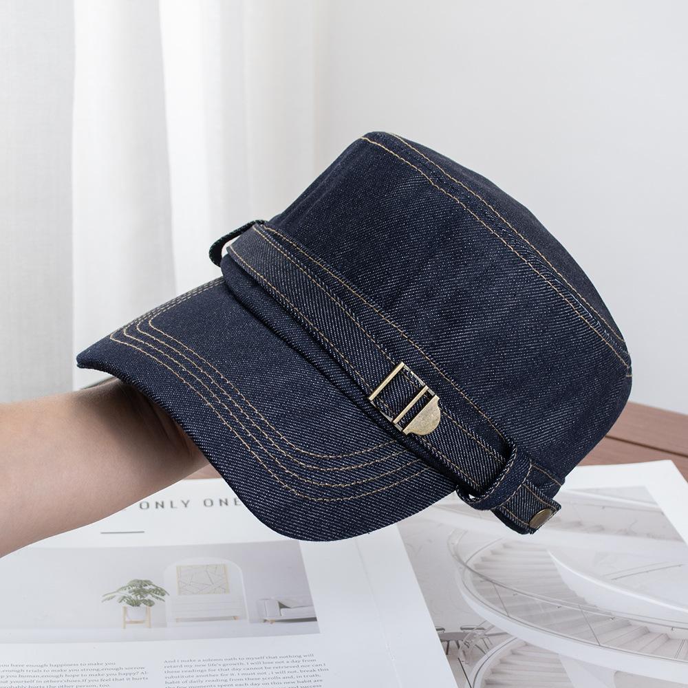 Retro washed denim flat-top equestrian hat for men and women, spring and summer fashion wear, metal buckle decorative beret