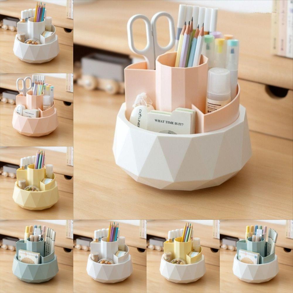 Large Capacity Pencil Storage Box 4-Grid Makeup Brush Organizer 360° Rotating Pen Holder Desktop