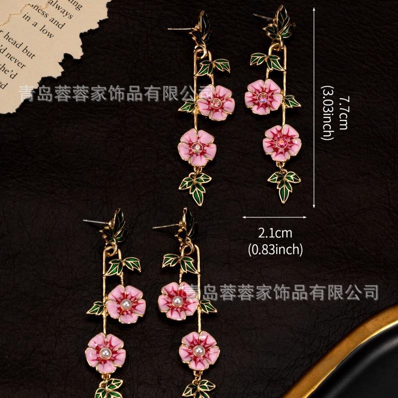 French Retro Pink Enamel Flower Earrings Women Vintage High-end Exquisite Long Fragrant Style