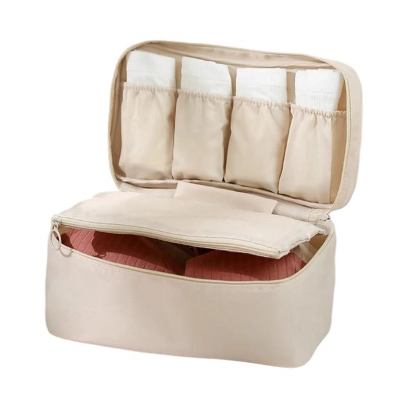 Sac de Rangement Portatif Beige pour Lingerie avec Compartiment Privé à Fermeture Éclair pour Soutiens-gorge, Chaussettes et Lingerie Délicate