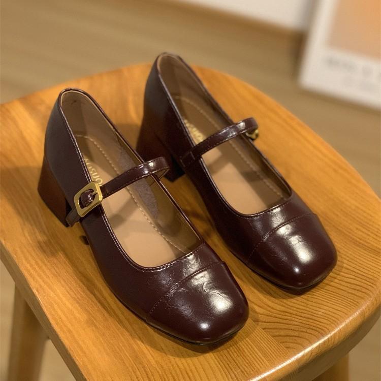 2025 Autumn New Thick Heel Mary Jane Shoes Women's Shallow Mouth One-word Buckle Strap Single Shoes High Heels