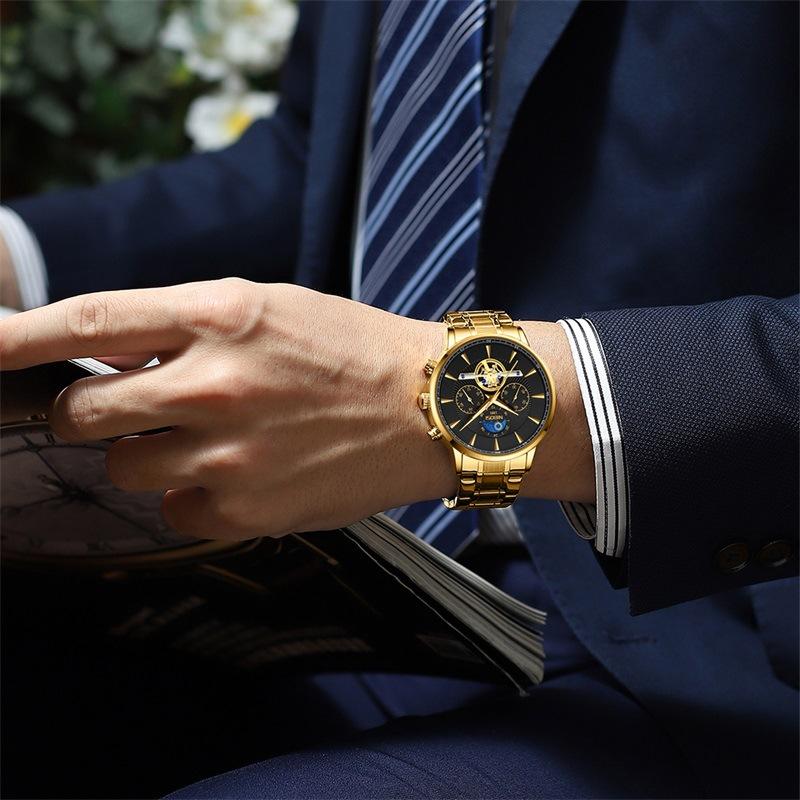 Business Quartz Watch Stainless Steel Belt Sun Moon Star Men'S Moon Phase Watch