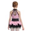 Girls Jazz Dance Dress Turn Down Collar Sleeveless Sheer Mesh Keyhole Back Shiny Sequins Color Block Feather Leotard