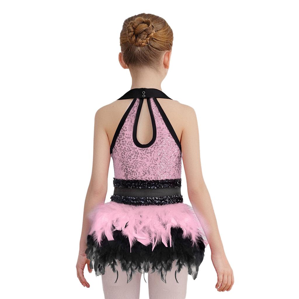 Girls Jazz Dance Dress Turn Down Collar Sleeveless Sheer Mesh Keyhole Back Shiny Sequins Color Block Feather Leotard